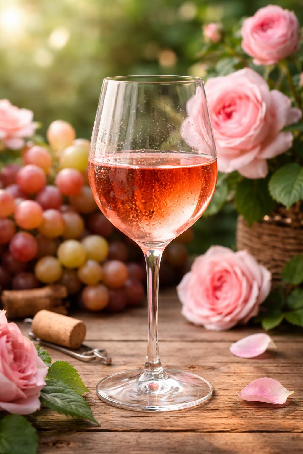Glas Roséwein mit Trauben und rosa Rosen im sommerlichen Garten.