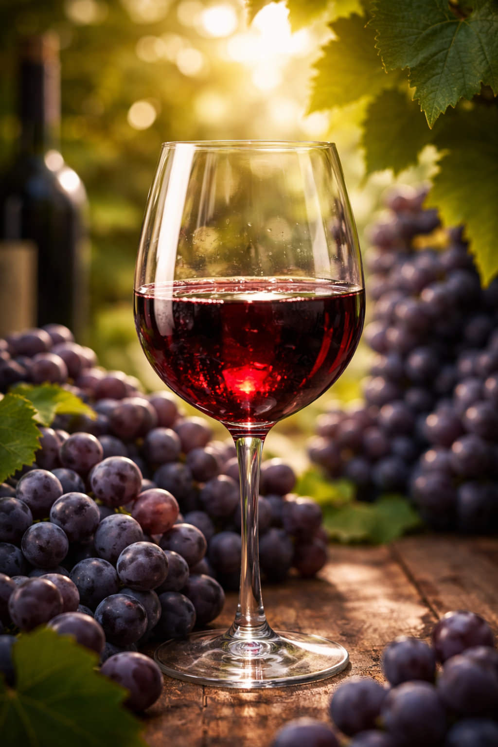 Glas Rotwein mit dunklen Trauben im Weinberg bei warmem Gegenlicht.